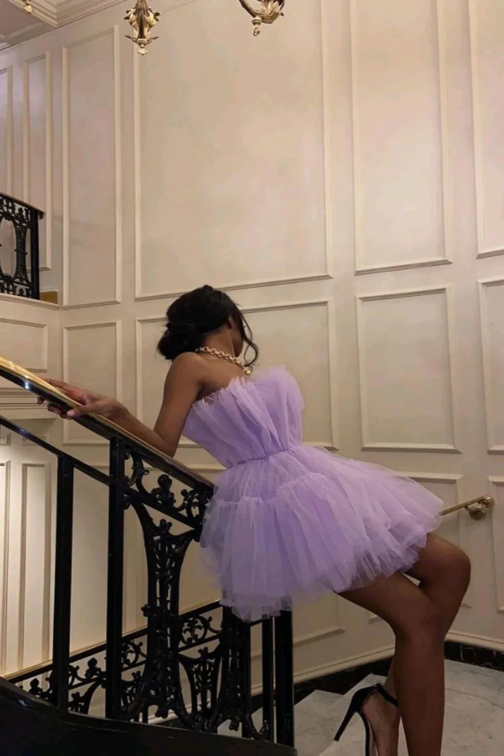 Light purple tulle mini prom dresses strapless pleated homecoming dress      fg1875