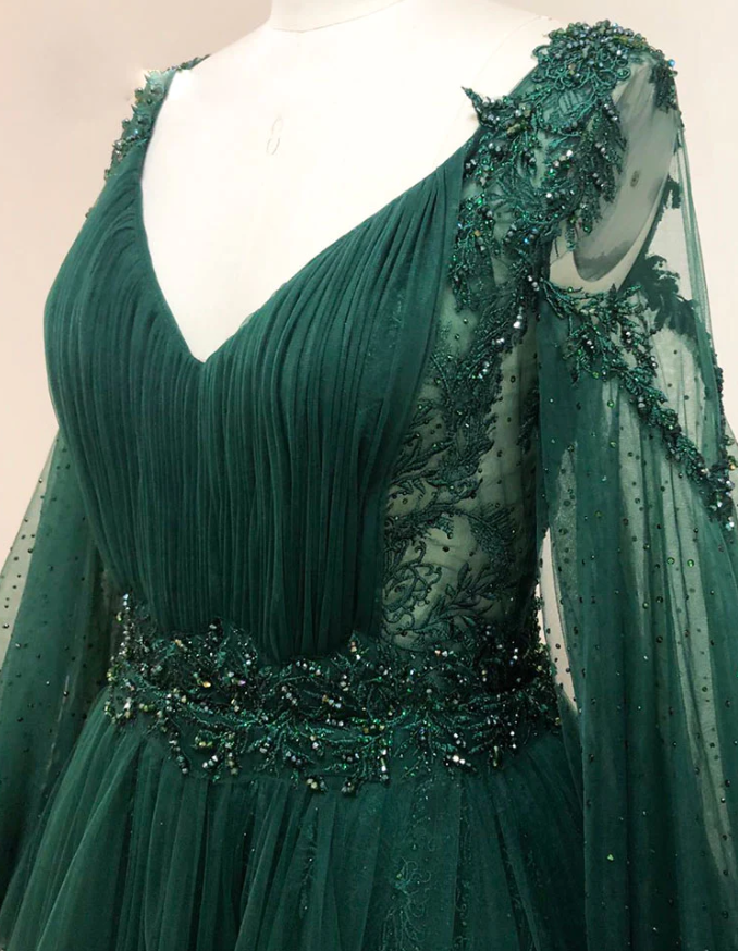 GREEN V NECK LACE A LINE LONG PROM DRESS, GREEN TULLE EVENING DRESS    fg1007