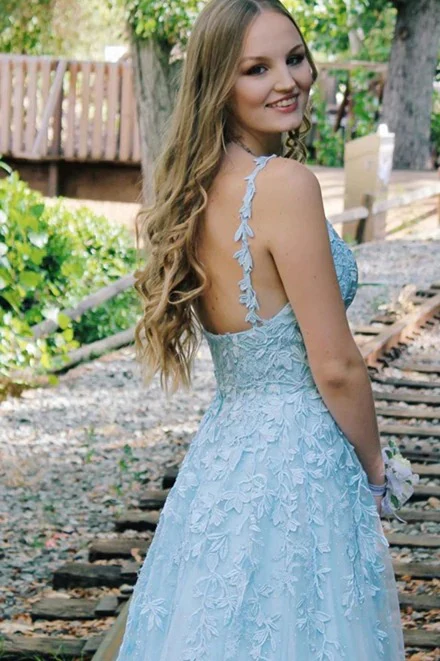 A-Line V-Neck Sleeveless Spaghetti Straps Light Blue Lace Long Prom Dresses    fg3089