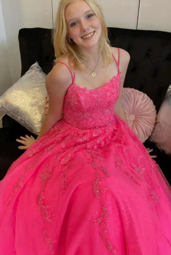 Hot Pink A Line Tulle Lace Appliques Long Prom Dress, Gorgeous Formal Gown    fg1463