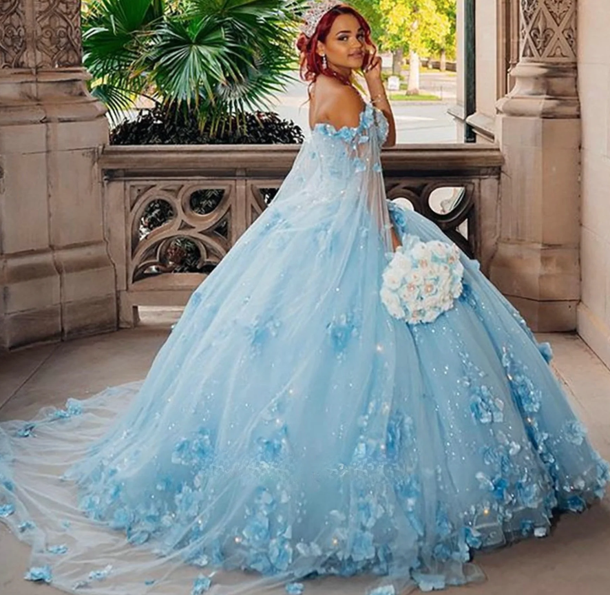 Handmade Flower Princess Ball Gown Quinceańera Dress With Cape Off The Shoulder Lace Vestido De 15 Anos Sweet 16 Dress   fg1001