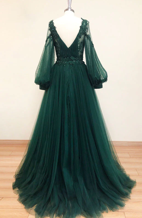 GREEN V NECK LACE A LINE LONG PROM DRESS, GREEN TULLE EVENING DRESS    fg1007