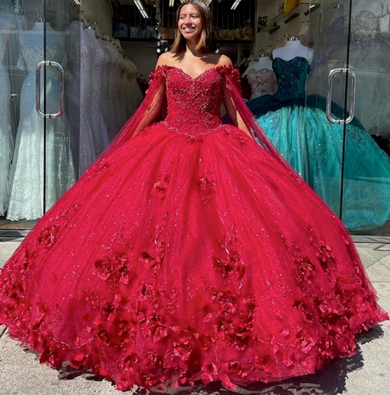 Handmade Flower Princess Ball Gown Quinceańera Dress With Cape Off The Shoulder Lace Vestido De 15 Anos Sweet 16 Dress   fg1001