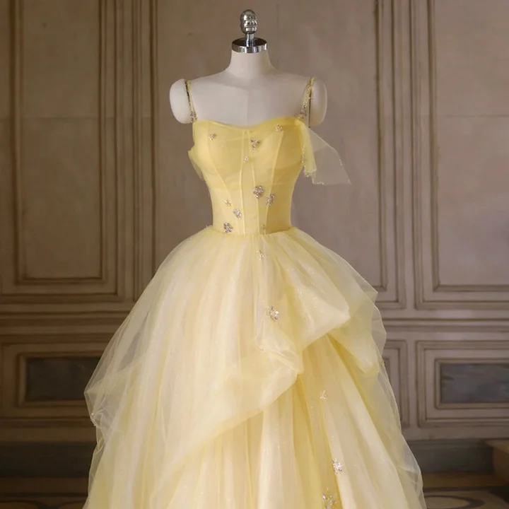 Light Yellow Tulle Long Party Dress, Yellow Tulle Prom Dress    fg3284