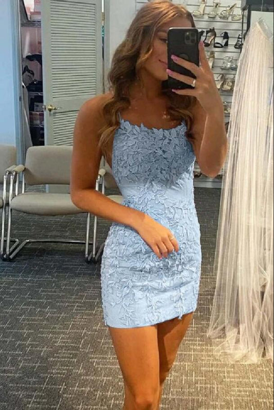 Spaghetti Straps Lace Appliques Homecoming Dress    fg02