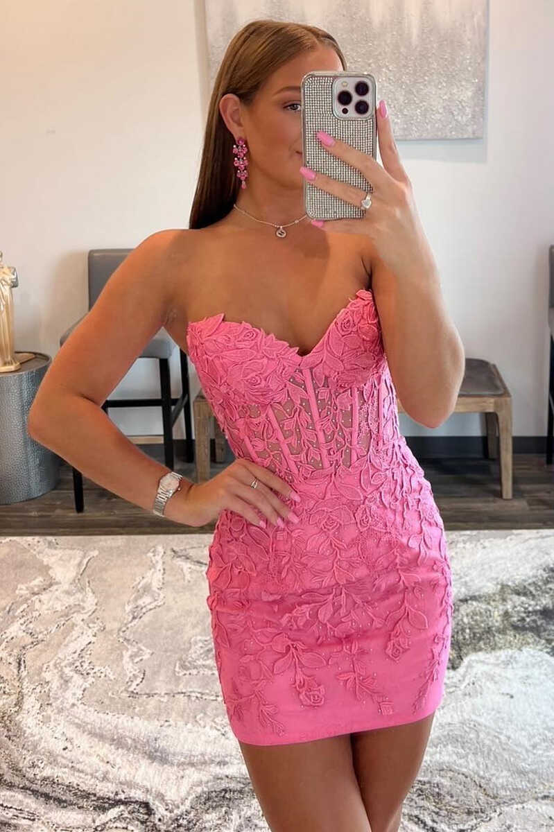 Hot Pink Appliques Strapless Lace-Up Bodycon Mini Homecoming Dress    fg11