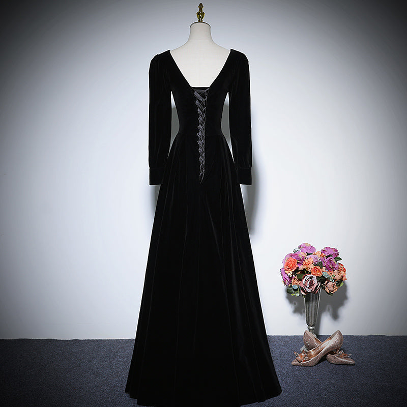 Black velvet evening dress long-sleeved party gowns prom dress      fg156