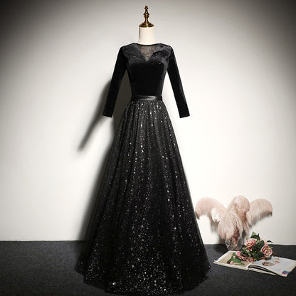 Black velvet evening dress new long-sleeved prom dress      fg184