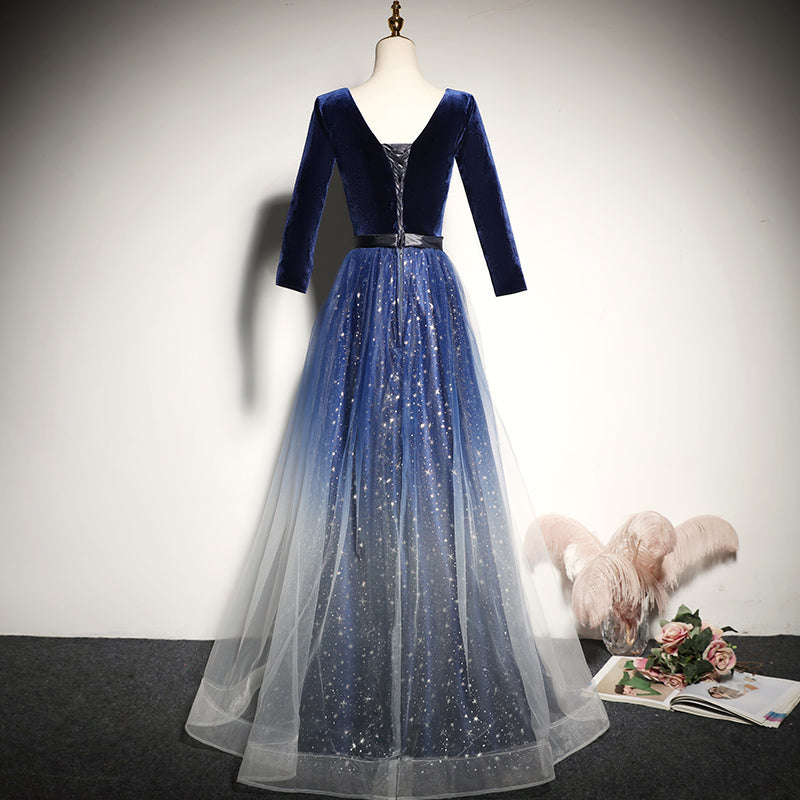 Blue velvet evening dress new long-sleeved prom dress      fg185