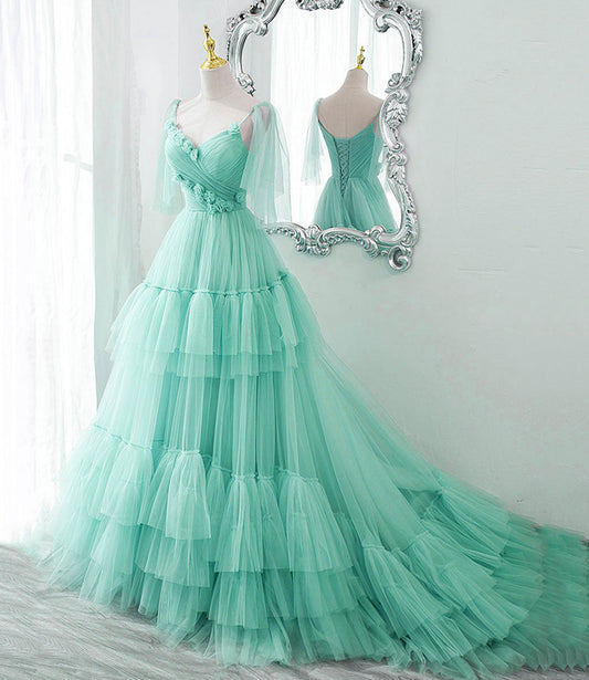 BLUE TULLE LONG A LINE PROM DRESS BLUE EVENING DRESS     fg234