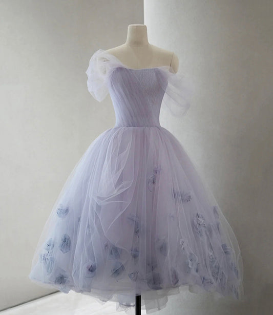 PURPLE TULLE SHORT PROM DRESS A LINE EVENING DRESS     fg235