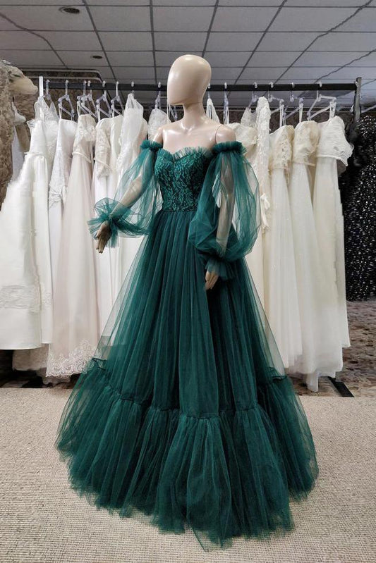 Pretty Green Lace Prom Dresses Puff Long Sleeves Off The Shoulder Lace Appliques Tulle Ball Gown      fg236