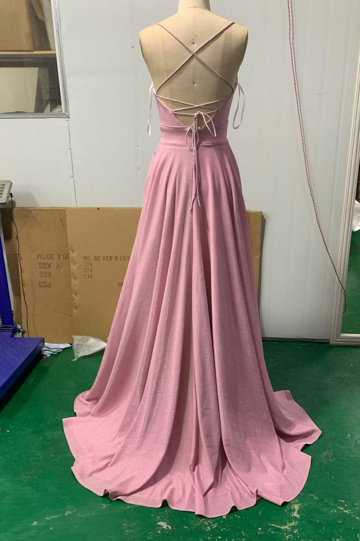 Pink V-neck long prom dress A-line evening dress     fg25