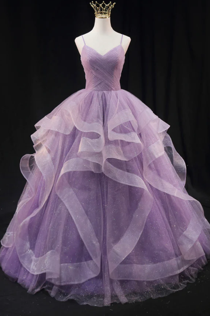 Purple tulle long prom dress A line evening gown      fg267