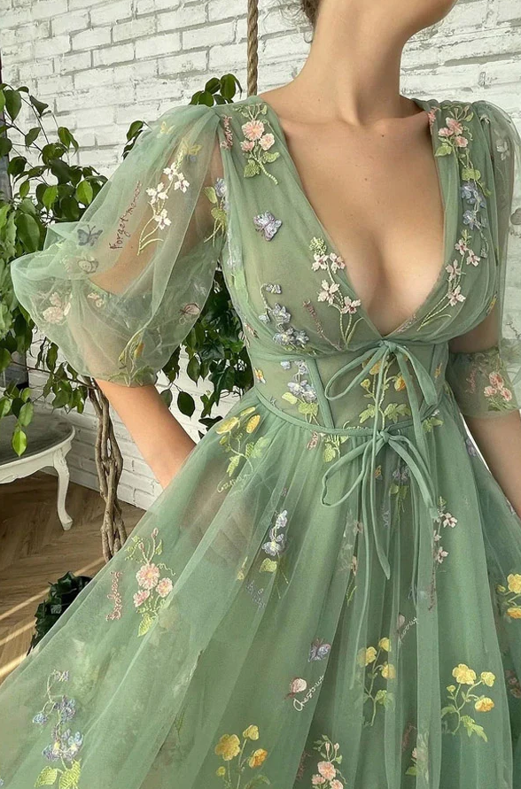 Elegant V Neck Green Tea Length Prom Dresses     fg275