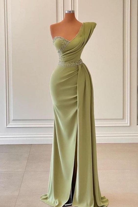 Sage Mermaid One-Shoulder Prom Dress Split With Beadings    fg327