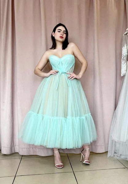 Blue tulle short A line prom dress     fg351