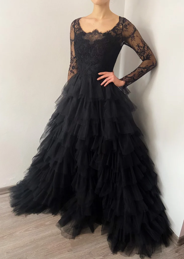 Black ruffle skirt tulle lace wedding gown prom dress long formal gowns      fg366