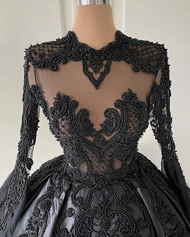 Ball Gown Black Long Sleeves Lace Prom Dresses,Beading Formal Evening Dresses       fg367