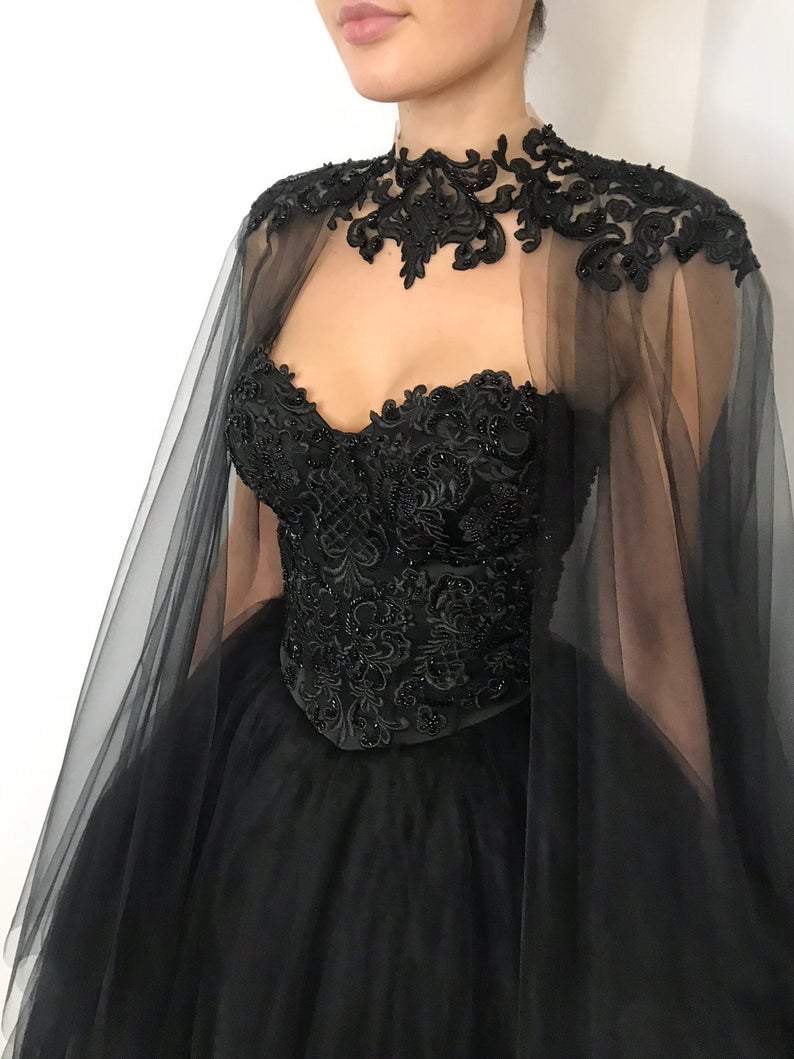 Black gothic corset lace wedding dress with cape, heavy beading fantasy gown, black tulle wedding dress, alternative bride dress       fg372