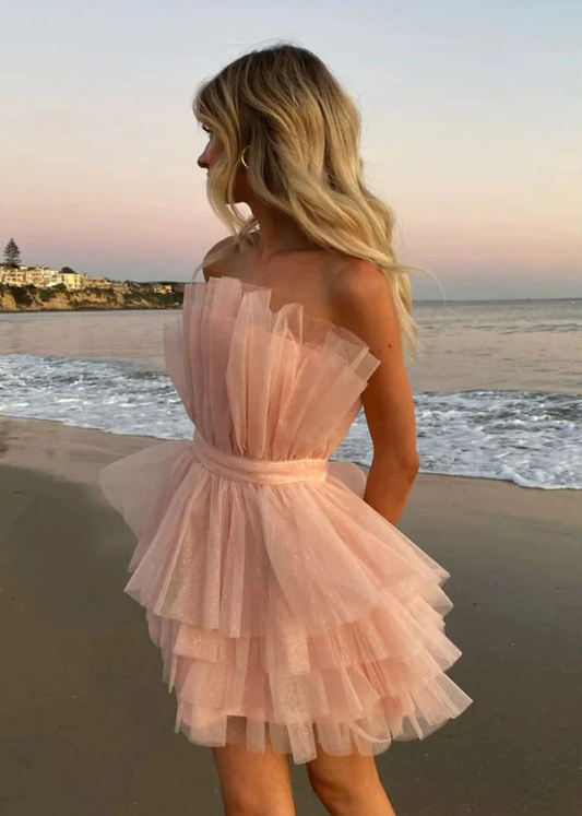 Sparkly Cute Strapless Pink Tulle Short Homecoming Dress     fg379