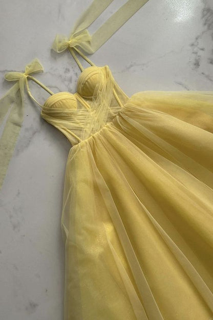 Yellow tulle long prom dress A line evening dress     fg40