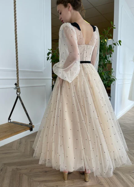 New Arrival Champagne V-Neck Long Puff Sleeves Dot Tulle Prom Dress Elegant A-Line Tea Length Evening Dress       fg421