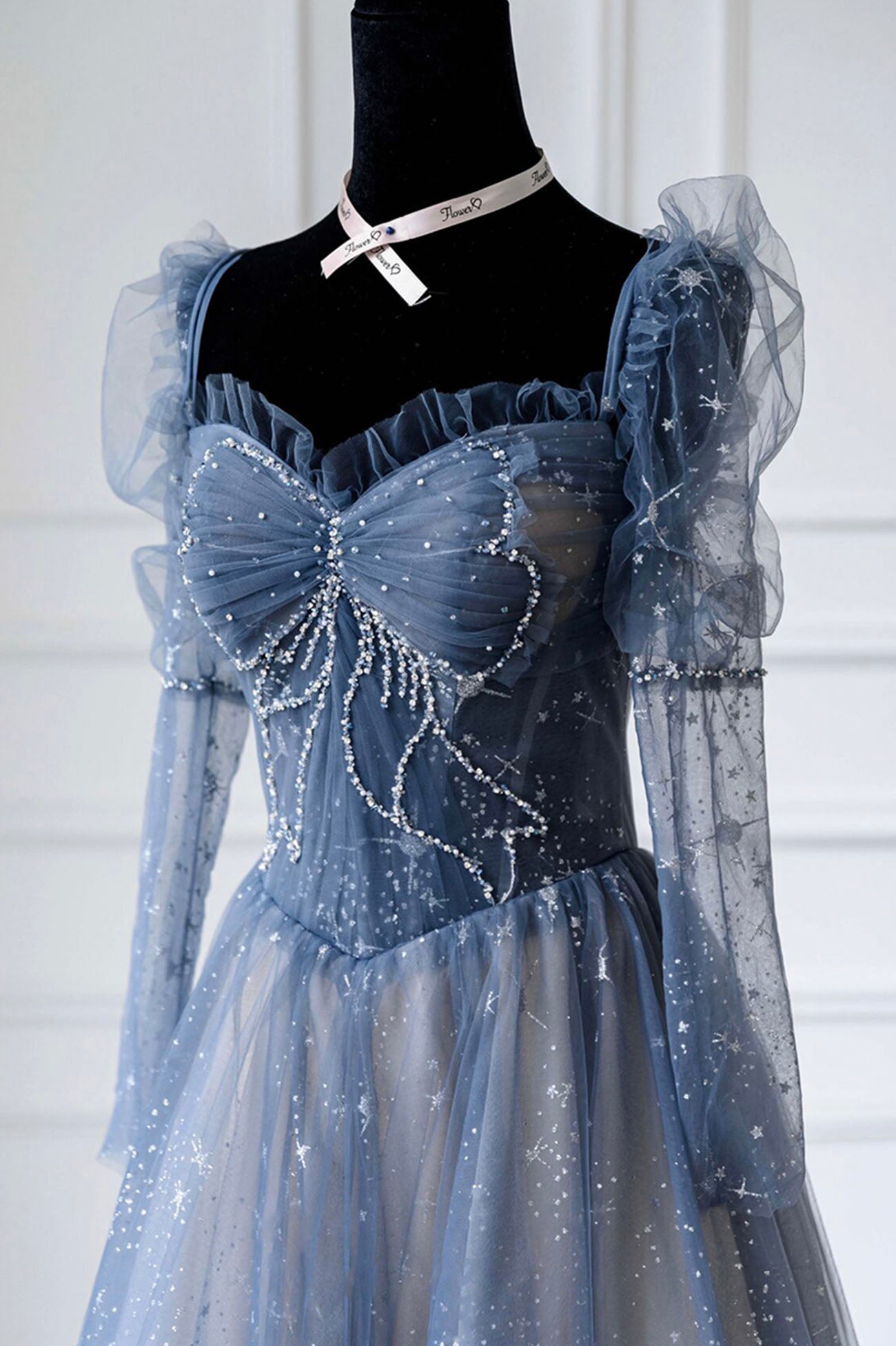 BLUE TULLE BEADS LONG PROM DRESS BLUE EVENING DRESS       fg426