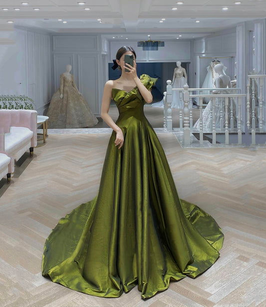 GREEN SATIN LONG PROM DRESS A LINE EVENING DRESS         fg456