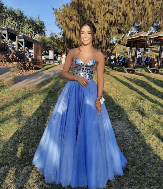 Blue tulle beads long prom dress A line evening gown      fg483