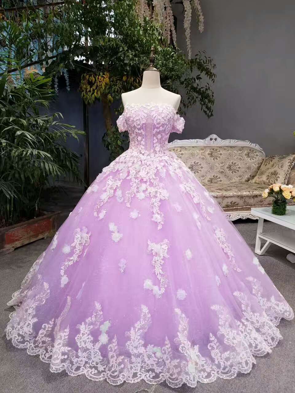 New Arrival Floral Wedding Dresses A-Line Floor Length Lace Up Off The Shoulder Ball Gown With Beads And Appliques     fg513