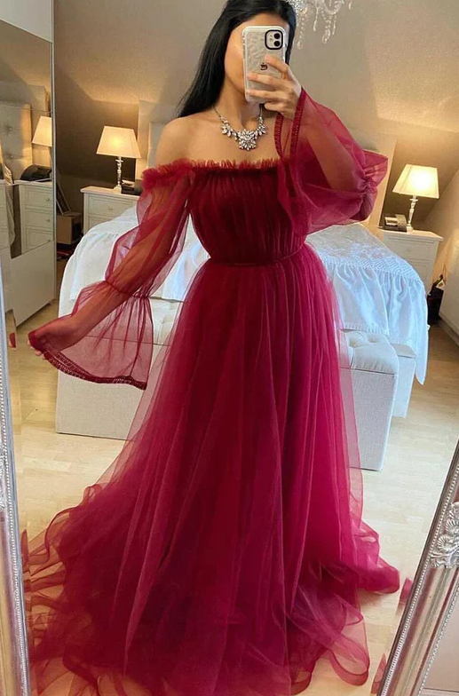 Prom Dress Off Shoulder Long Sleeves Tulle Burgundy Formal Evening Dress     fg533