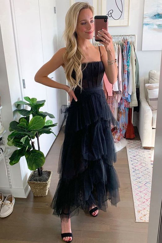 Elegant A-line Layered Tulle Black Prom Dress,Sheer Corset Long Evening Dress,Graduation Dress       fg553