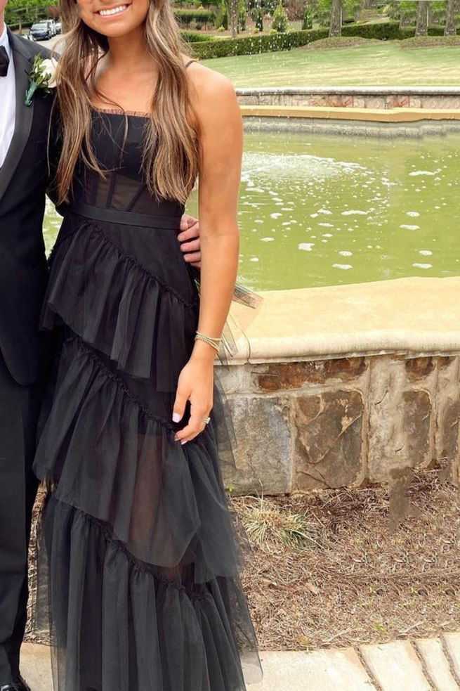 Elegant A-line Layered Tulle Black Prom Dress,Sheer Corset Long Evening Dress,Graduation Dress       fg553