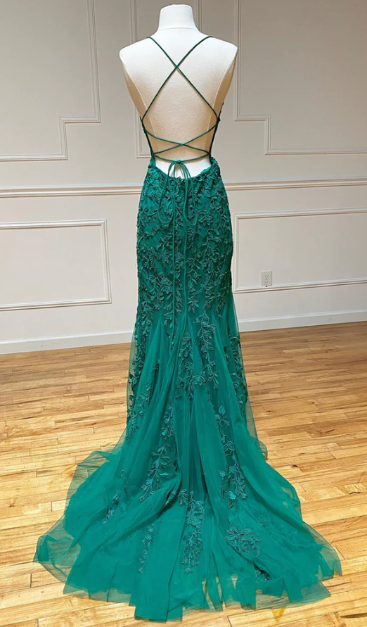 Open Back Green Mermaid Lace Prom Dresses, Backless Green Mermaid Lace Formal Evening Dresses        fg569