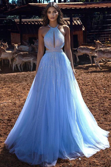 BLUE HALTER BEADINGS LONG PROM DRESS TULLE EVENING PARTY GOWNS     fg606