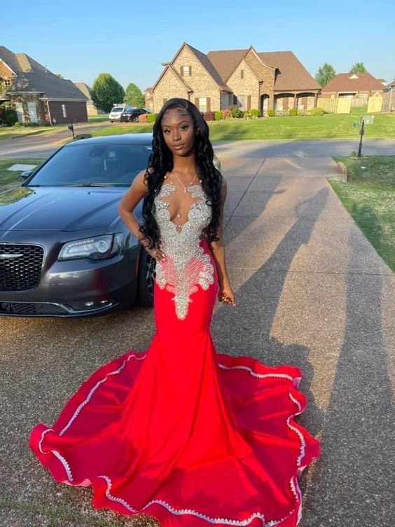 Red Evening Dress Custom Made Black Girl Mermaid Prom Gowns     fg65