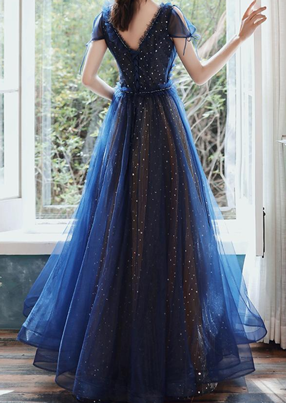 Stars Moon Sequins Prom Dress Navy Blue Long Evening Dress V Neck Banquet Dress Short Sleeve Girls Party Dress Graduation Dress       fg656