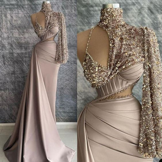 Champagne prom dresses, beaded prom dresses, pleats prom dresses, high neck evening dresses, sequins prom dresses, pearls prom dresses     fg658