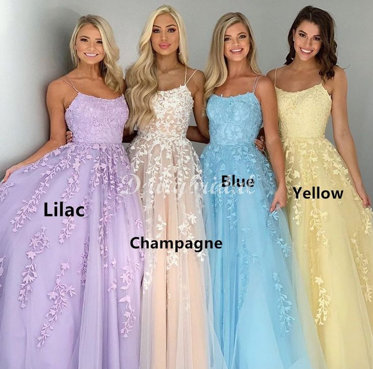 Spaghetti straps tulle prom dresses applique evening gown long party dress      fg661