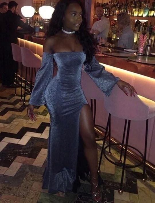 Silver Prom Dresses Long Sleeves Off the Shoulder Party Dresses Split         fg688