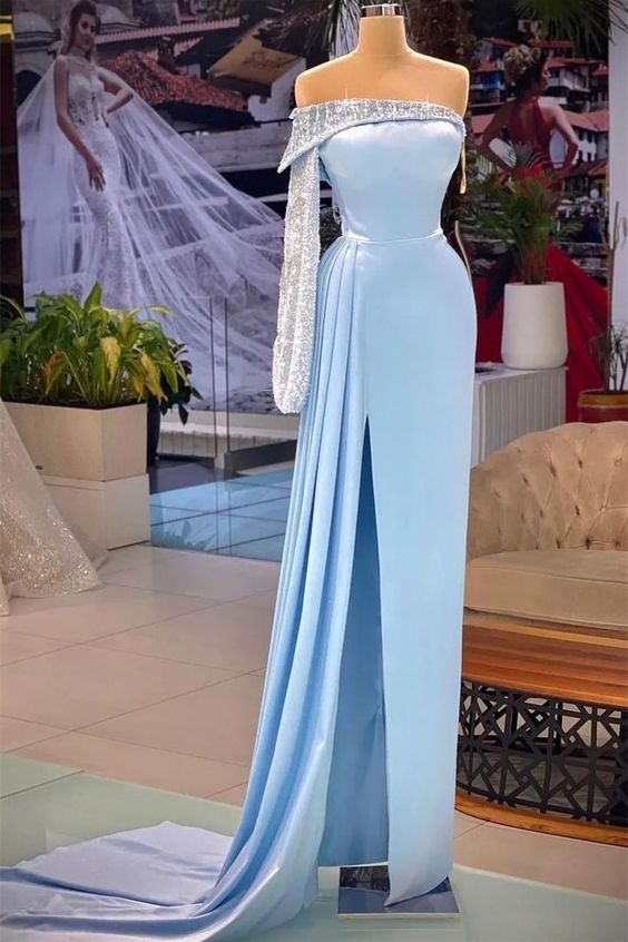 One Shoulder Strapless Floor-length Backless High Split Sheath Prom Dress       fg724