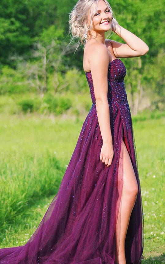 A Line Tulle Grape Beaded Sweetheart Long Side Slit Prom Dresses     fg761