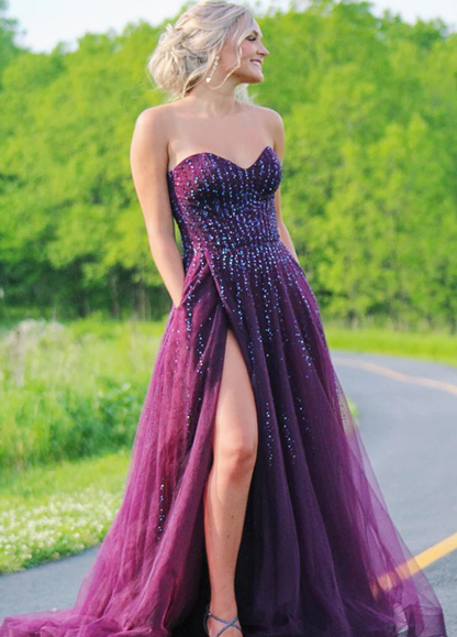 A Line Tulle Grape Beaded Sweetheart Long Side Slit Prom Dresses     fg761