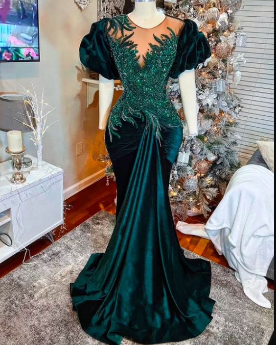 Green prom dresses, sequins prom dresses, mermaid prom dresses, short sleeve prom dresses    fg801