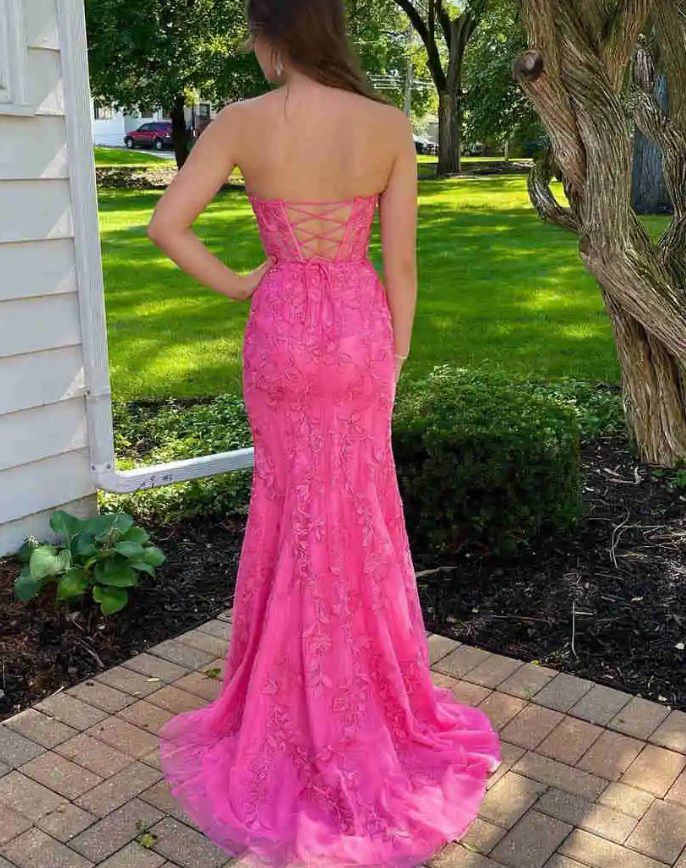 Strapless Hot Pink Lace Long Prom Dress with Appliques     fg826