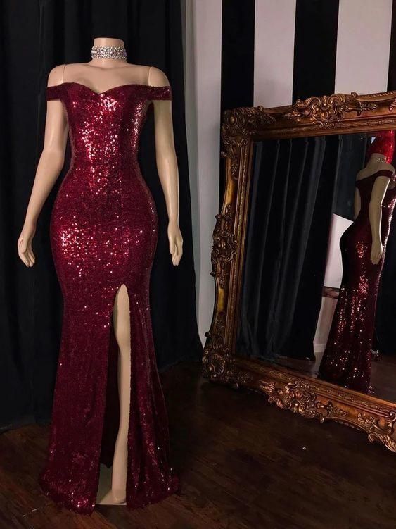 Amazing Burgundy Prom Dresses Long Off Shoulder Sexy High Split Dress      fg914