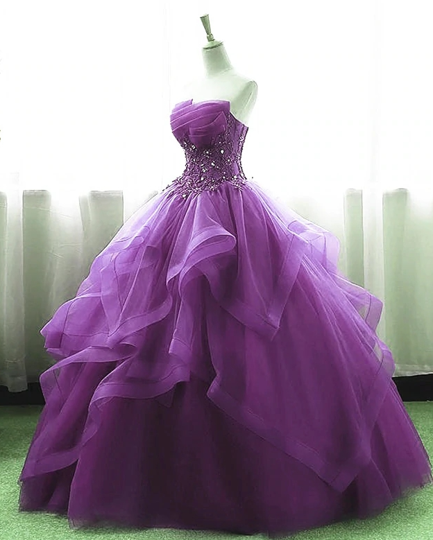 Purple Ball Gown Organza and Tulle Sweet 16 Dress with Lace Appique, Purple Formal Gown    fg99