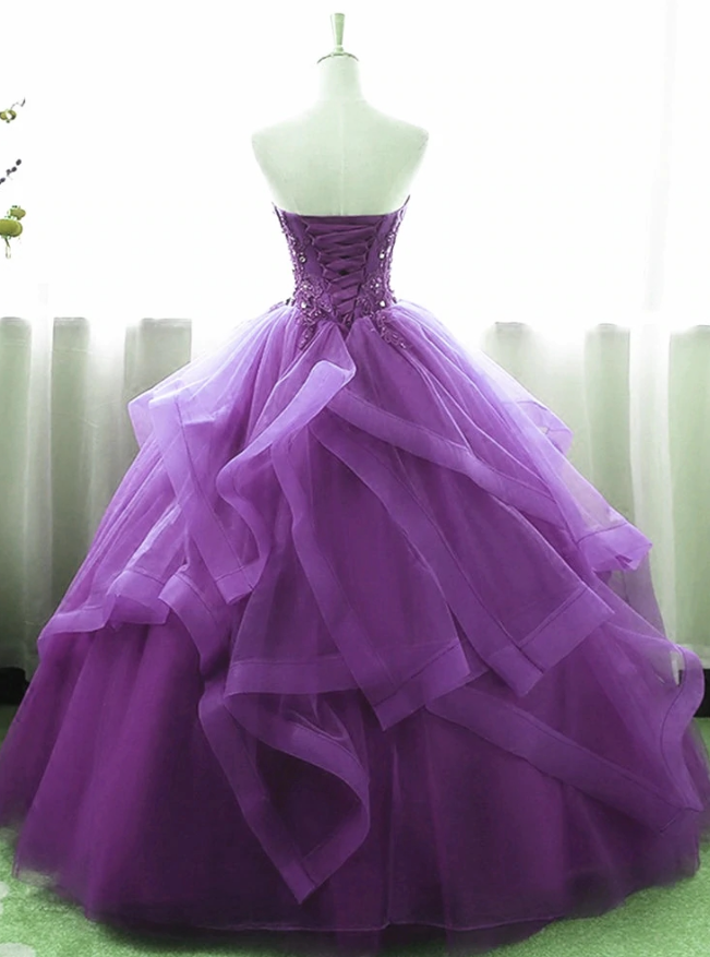 Purple Ball Gown Organza and Tulle Sweet 16 Dress with Lace Appique, Purple Formal Gown    fg99